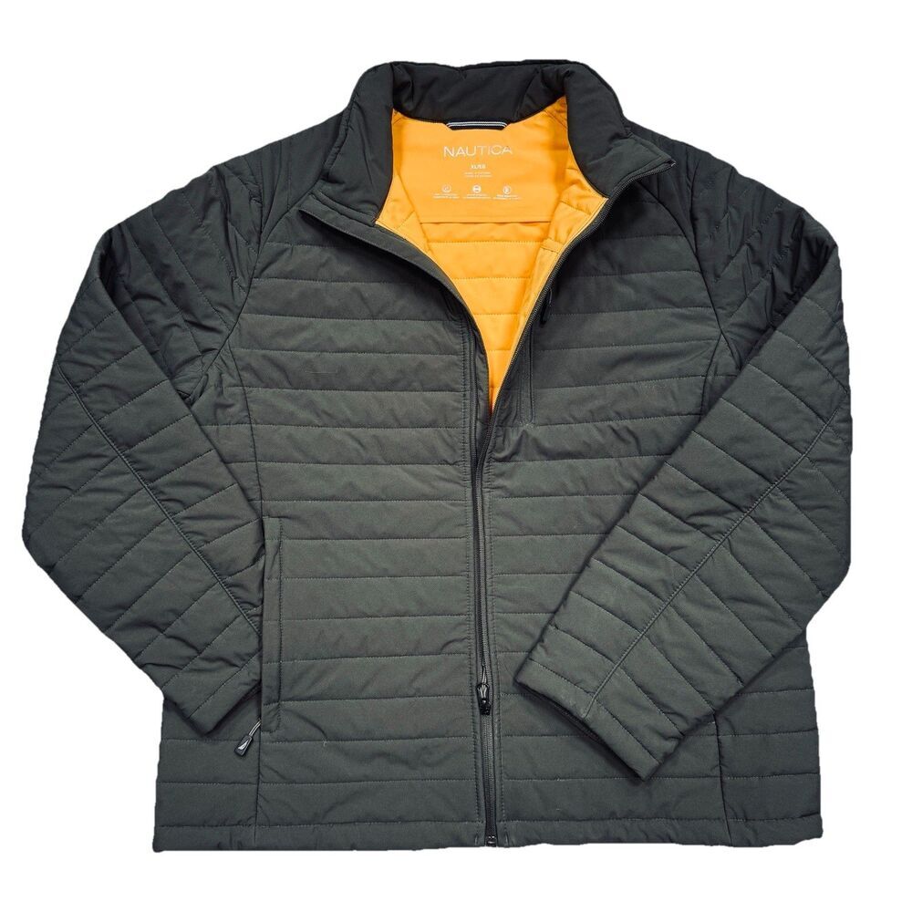 Nautica Mens XL Jacket Gray Yellow Full Zip Inner Pockets Wind Water Resistant